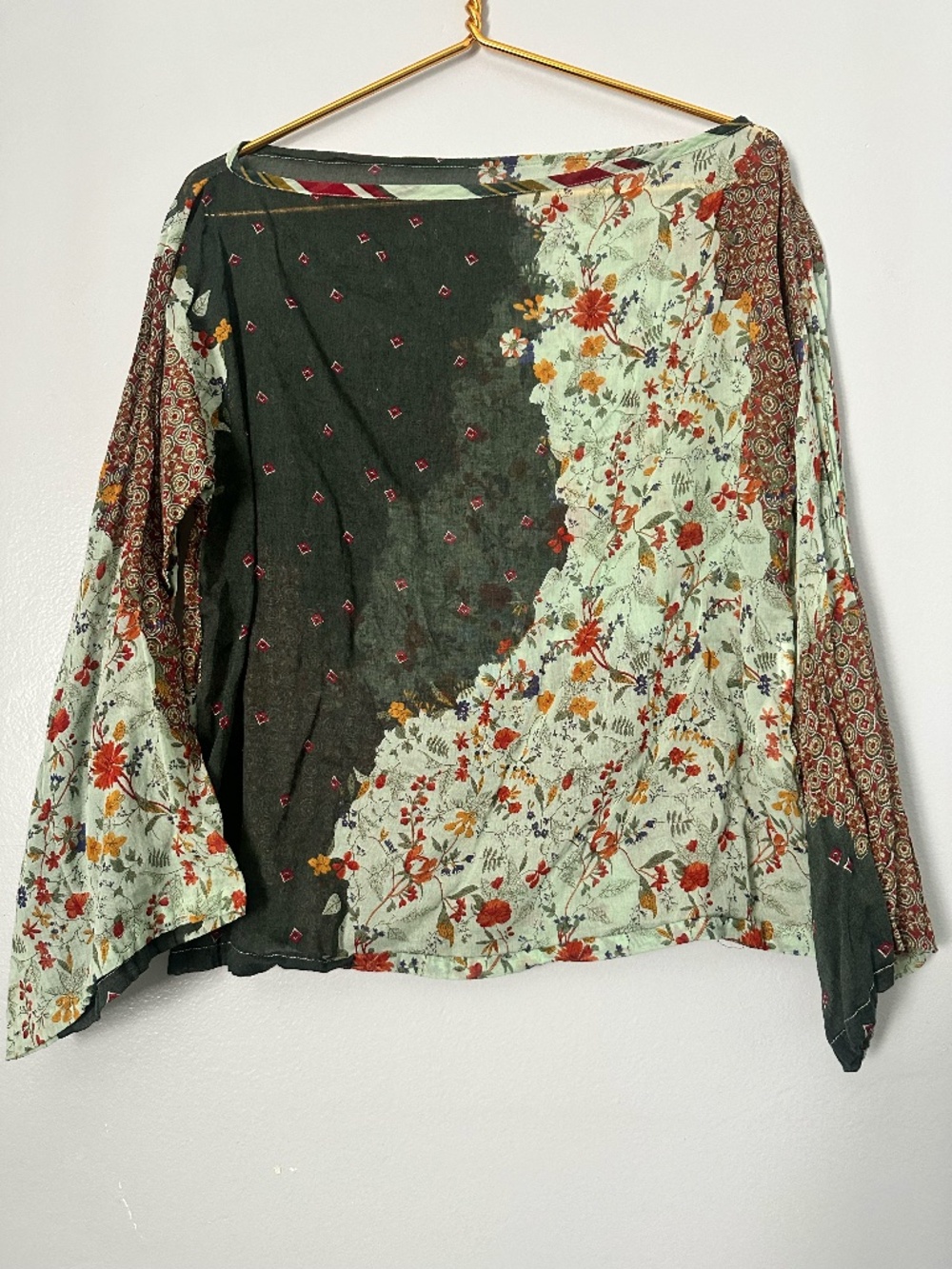 Infinitif Paris Boho Mixed-Print Blouse,Flowy Silhouette with Kimono Sleeves